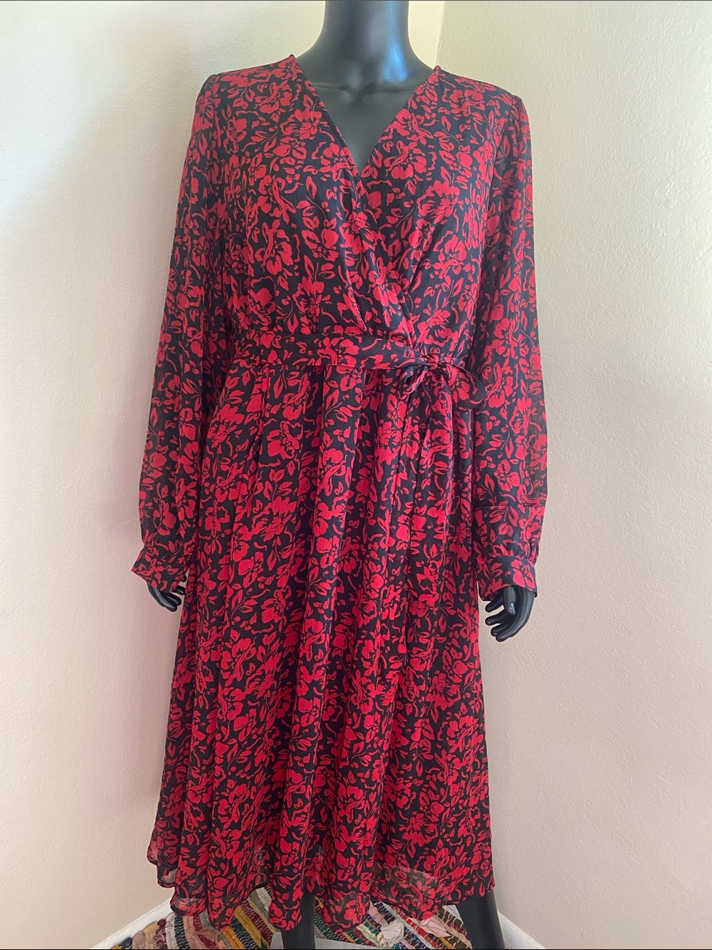 torrid Black and Red Floral Long-Sleeve Wrap Dress